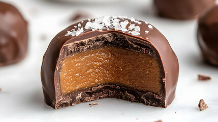A crosssection of a round chocolate truffle showing the layers of chocolate and creamy caramel filling sprinkled with sea salt.