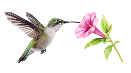 Naklejka premium Hummingbird Flying Towards Pink Flower Watercolor Illustration
