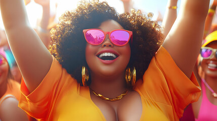Obraz premium 3D Candid Plus Size Model at a Music Festival concept as A candid shot of a plus size model enjoying a lively music festival dancing or singing along with the crowd. The scene captures the excitement 