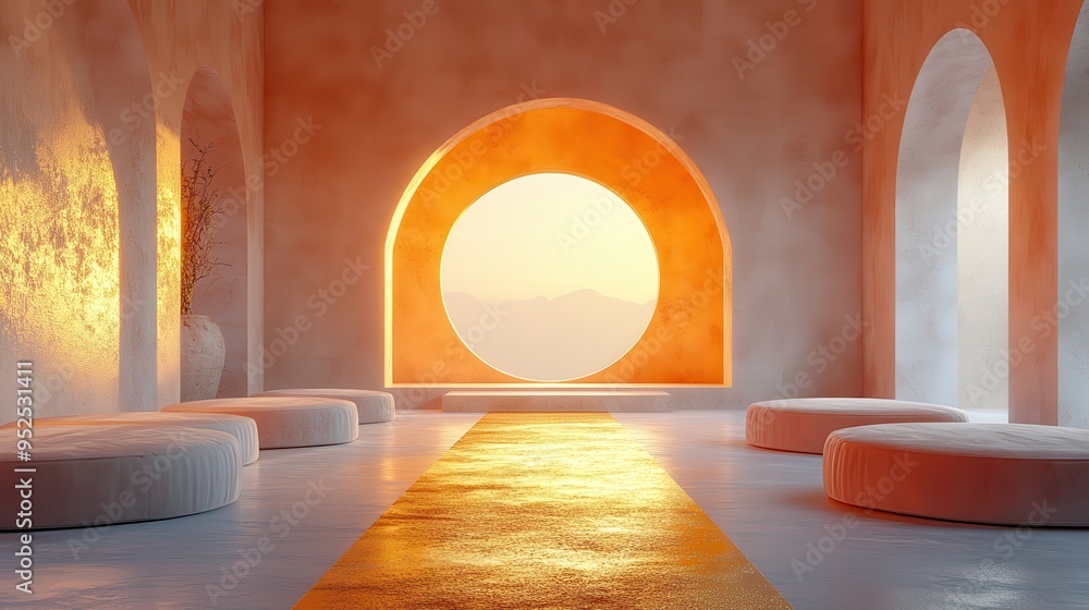 Poster abstract beige background with an empty cylinder podium and a golden rounded frame illuminated by da