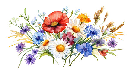 Watercolor Bouquet of Wildflowers with Poppy  Daisy  and Cornflower
