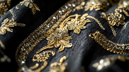 An up-close view of black fabric featuring intricate gold embellishments, highlighting its detailed craftsmanship and luxury appeal, perfect for fashion and premium textiles.
