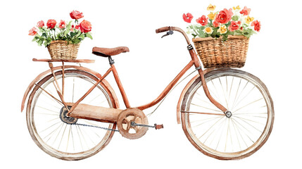 Watercolor Illustration of a Vintage Bicycle with Flowers in Baskets