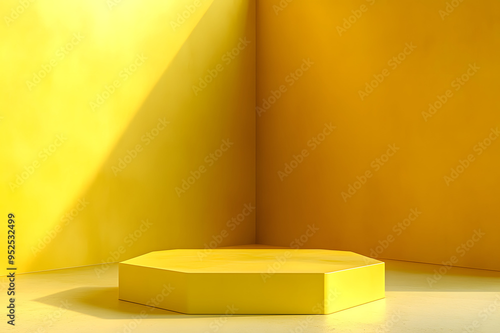 Poster Empty room interior design or yellow pedestal display on vivid background with blank stand. Blank stand for showing product. 3D rendering.