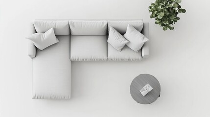 A modern, minimalist living room setup featuring a sectional sofa and a coffee table.