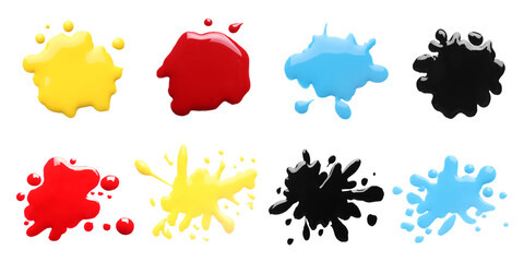 Printer ink of different colors. Set of spots isolated on white, top view