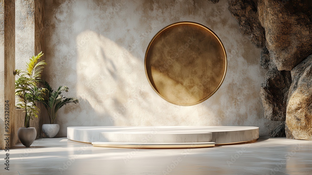 Poster abstract beige background with an empty cylinder podium and a golden rounded frame illuminated by da