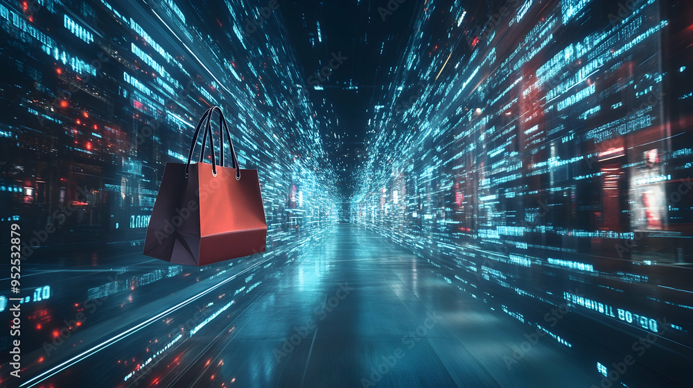 Poster a dynamic and dramatic digital landscape showcasing a stream of data flowing towards a virtual shopp