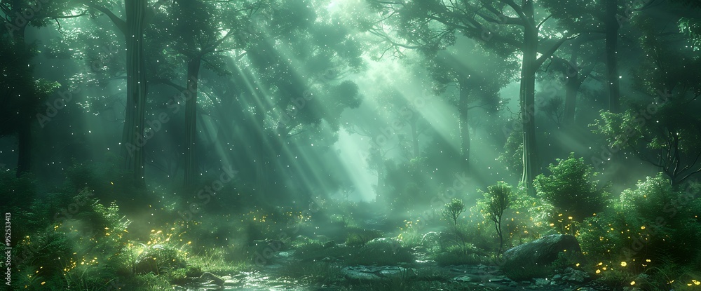 Poster sunbeams illuminate a misty forest path, creating a magical atmosphere.