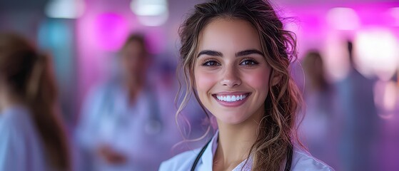 Fototapeta premium A smiling female doctor with her thumbs up, giving the sign of success to us in the front view. 
