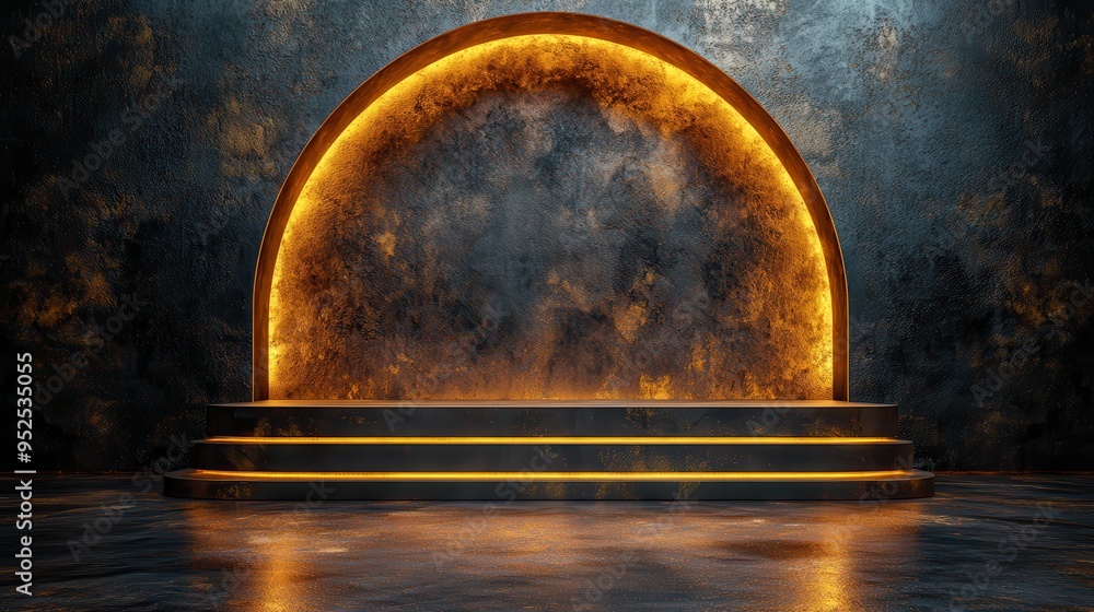 Poster 3d render of an abstract black and gold background with cobblestones, a golden arch frame on a wet f