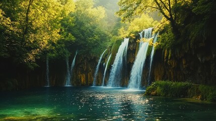 Obraz premium Serene Waterfall Cascades into Tranquil Pool Surrounded by Lush Greenery