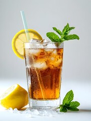 Fototapeta premium Elegant Iced Tea with Lemon and Mint on Simple White Tabletop