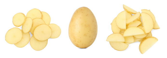 Fresh potatoes isolated on white, set. Different types of cuts and whole