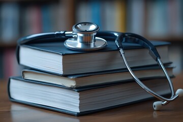 A stack of medical books with a stethoscope on top, close-up, with blurred bookshelves in the background. 