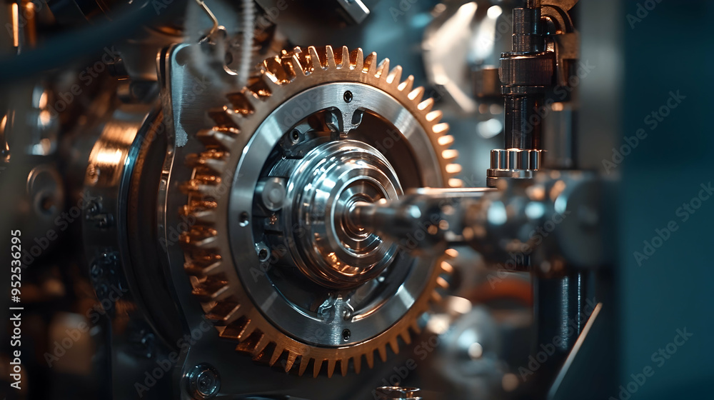 Poster close-up capturing the dynamic motion of industrial gears, intricate wiring, and a formidable electr