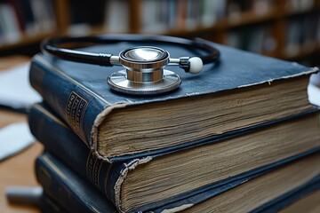A stack of medical books with a stethoscope,