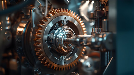 Fototapeta premium close-up capturing the dynamic motion of industrial gears, intricate wiring, and a formidable electric motor in a captivating macro composition.