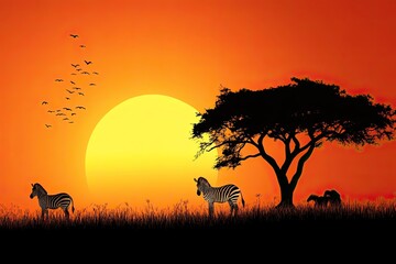 Fototapeta premium Silhouette of zebras on the African grasslands