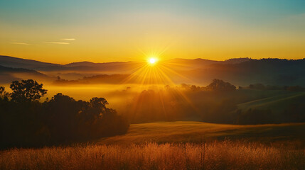 An illustration showing a radiant sun rising over a serene valley, bathing the landscape in a soft, warm light.