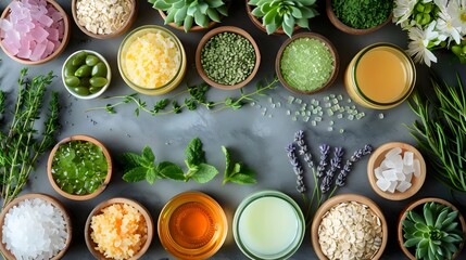 A table with many different bowls of food and drinks, including some with herbs