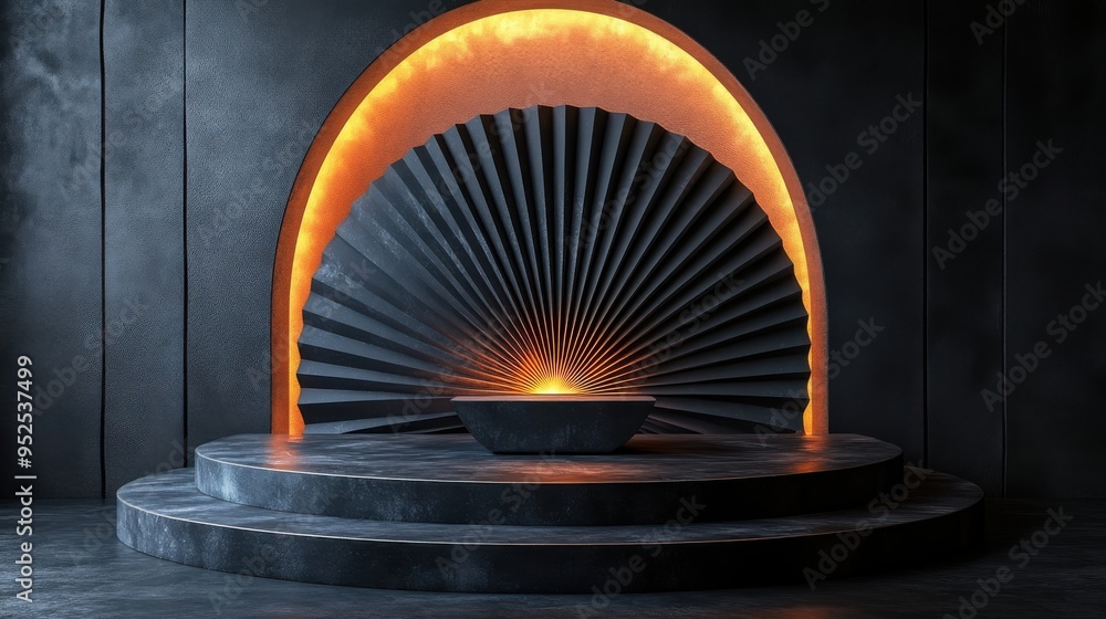 Poster 3d render of decorative fan shop display showcase for product presentation on an abstract black back