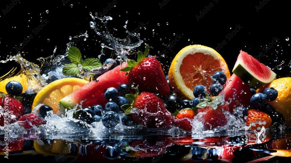 Poster a fruit salad is splashed with water, creating a vibrant and refreshing scene