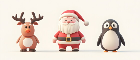 A vector set of 3 Christmas characters in clay design, including Santa Claus, a reindeer, and a penguin, adorable and festive, 3d render pastel color, isolated on a clean background