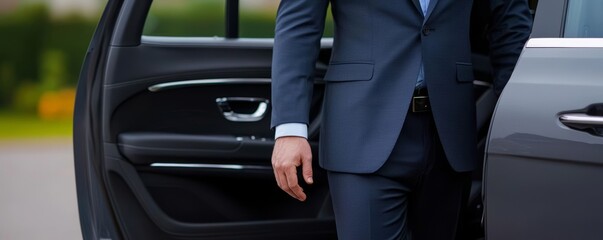 Chauffeur in a luxury car opening the door for a guest, sleek vehicle interior, high-end service