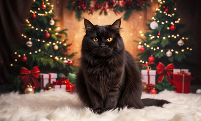 beautiful black hairy cat sitting in front of christmas tree and gifts, concept of xmas and our family pets