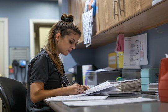 receptionist organizing patient files and paperwork behind the reception desk - Powered by Adobe