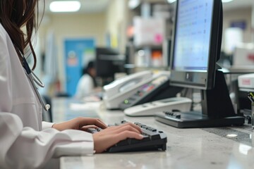 Receptionist typing on a computer at a desk with phones and a stethoscope, checking patient records