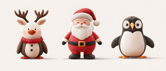 Fototapeta premium A vector set of 3 Christmas characters in clay design, including Santa Claus, a reindeer, and a penguin, adorable and festive, 3d render pastel color, isolated on a clean background