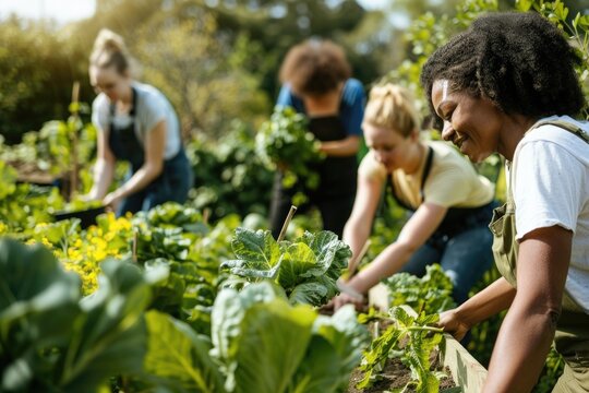 Friends gardening together, happily working in a lush green community garden on a sunny day