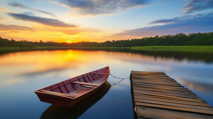 Obraz premium Red row boat tied to wood dock on peaceful and calm lake, sunset or sunrise in horizon, copy space