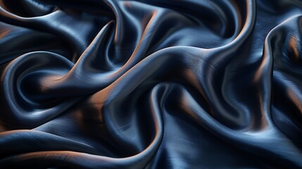 Fototapeta premium Abstract background of smooth, flowing, dark blue satin fabric with soft, subtle light reflections.
