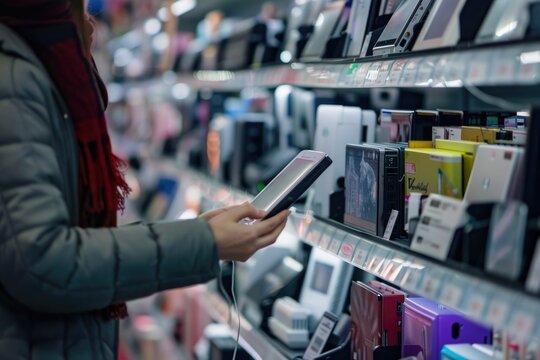 Person comparing prices of items on a shelf in an electronics store