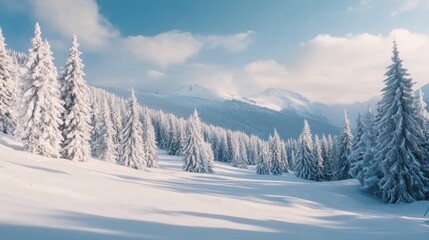Obraz premium Snow-Covered Fir Trees in a Winter Mountain Landscape