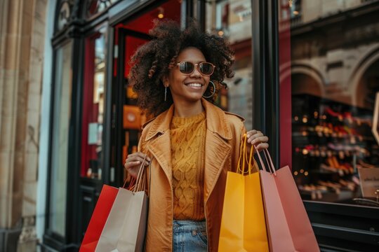 Smiling woman in orange jacket holding shopping bags outside a store - Powered by Adobe