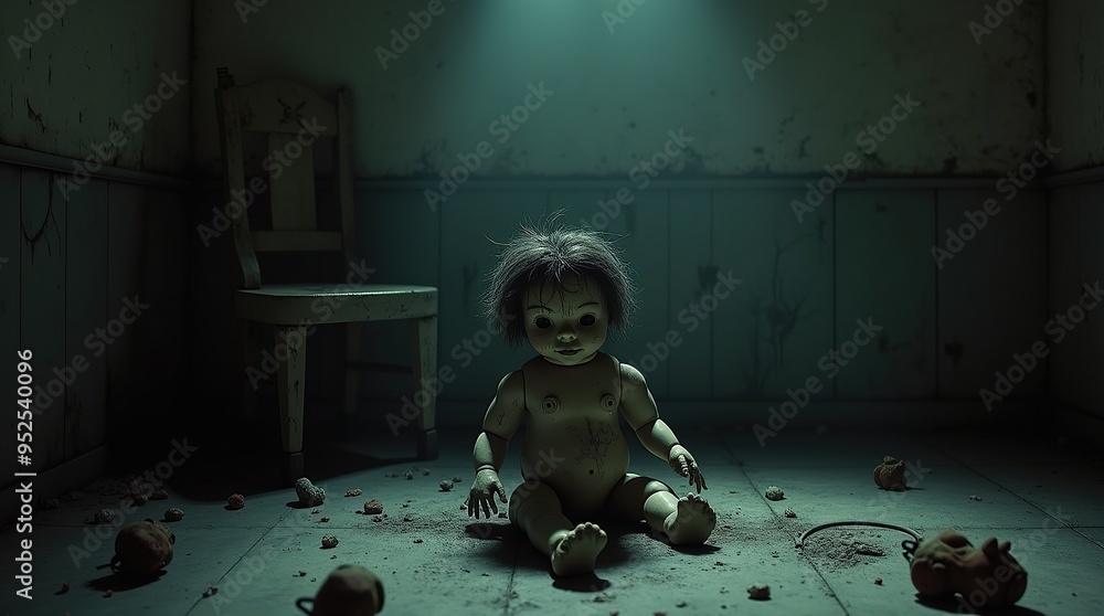 Wall mural Eerie cracked doll with missing eye i