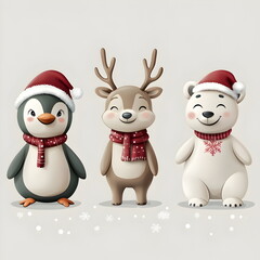 A 3D set of 3 Christmas characters in clay design, including Santa Claus, a reindeer, and a penguin, adorable and festive, 3d render pastel color, isolated on a clean background