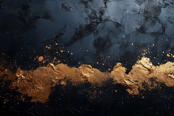 Golden abstract paint texture on black textured background. Luxury wallpaper concept with metallic effect. Image for banner with copy space.
