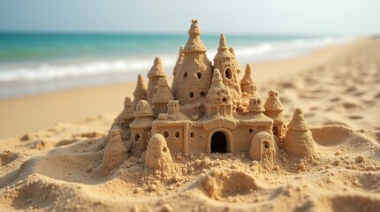 Detailed sandcastle on sandy beach with ocean waves background