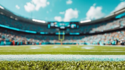 Naklejka premium A vibrant sports stadium with a focus on the field, capturing the excitement of a game day atmosphere.