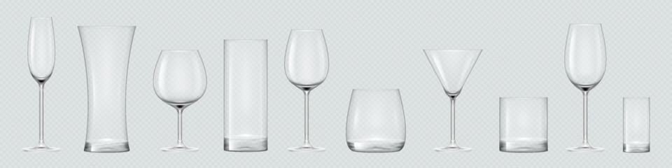 Realistic transparent empty glasses set. Vector mockup of glassware for water, alcohol, juice and other drinks. 