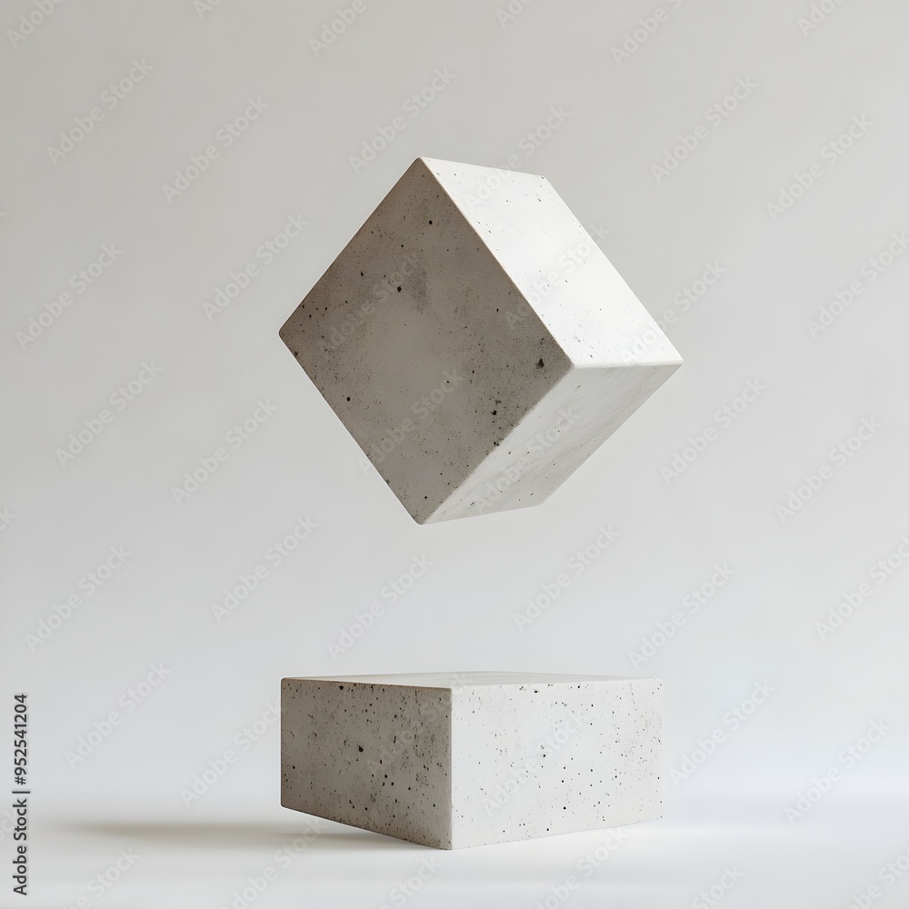 Poster levitating geometric cube in minimalist abstract composition on white background
