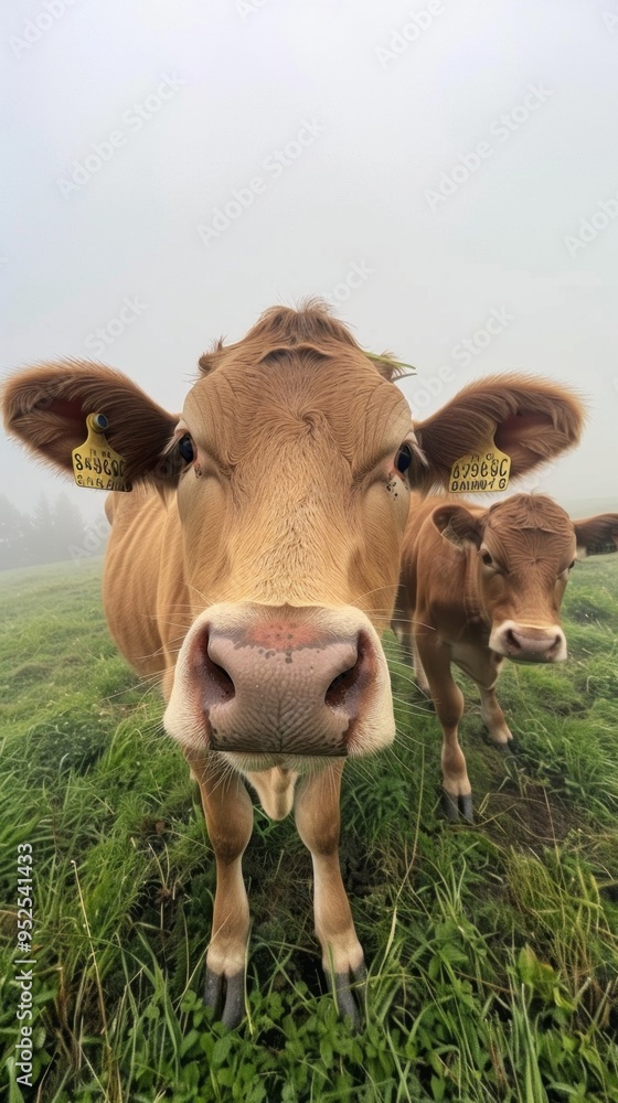Poster a cow with a tag on its ear is looking at the camera