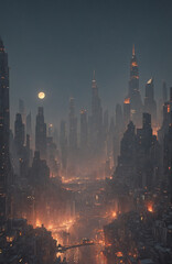 Obraz premium Giant Moon Over a Misty Urban Nightscape with Skyscrapers