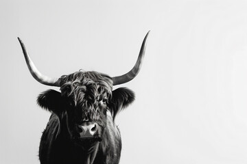 a black and white photo of a cow with horns