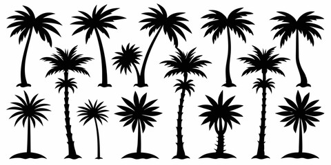Fototapeta premium Tropical palm trees set silhouettes on white background 
